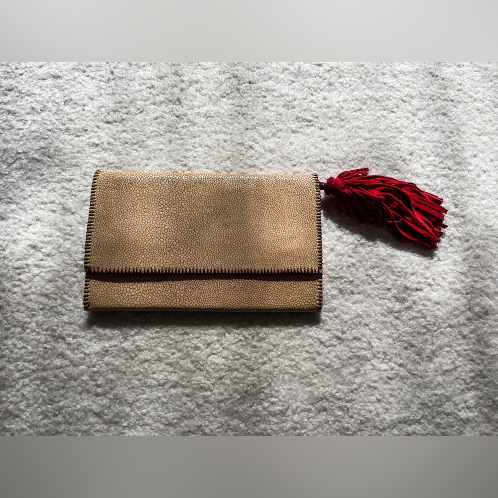 Beige leather and red suede handmade clutch pouch with tassel